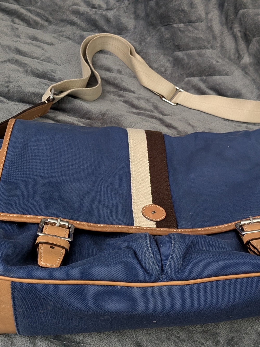 Coach Canvas Messenger Bag in Blue with Tan Leather Trim - vintage